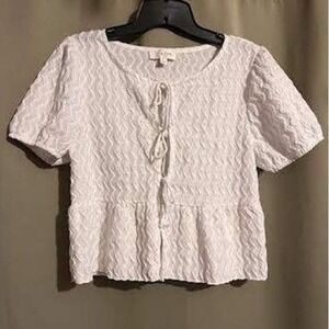 White Texture Peplum Tie‎ Front Top Blouse Short Sleeve Casual
